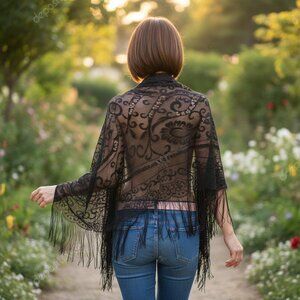 VINTAGE JAPAN Gypsy Lurex Crochet Lace Shawl Wrap Scarf Sheer Fringe Triangle